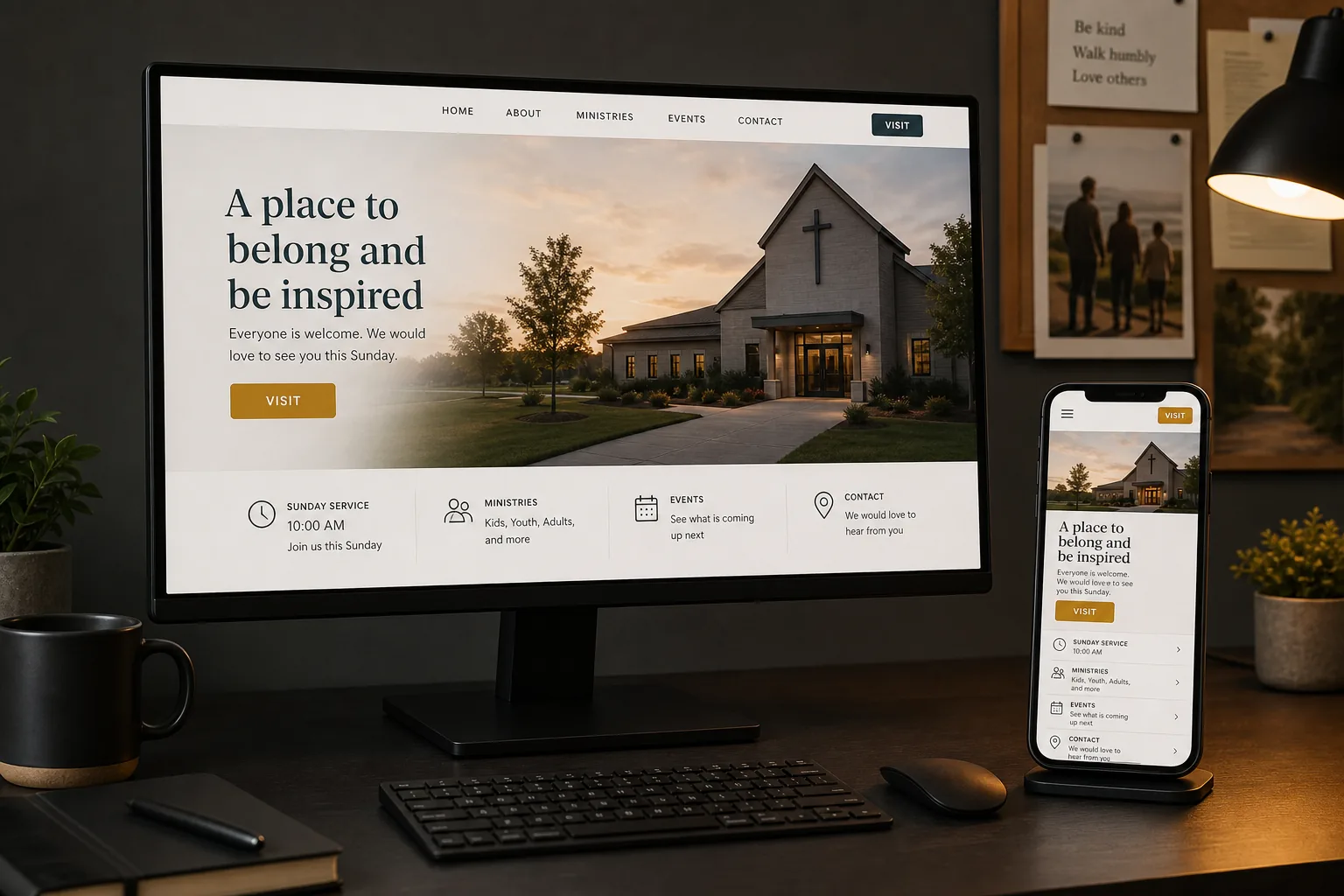 Desktop and mobile mockup for a church website.