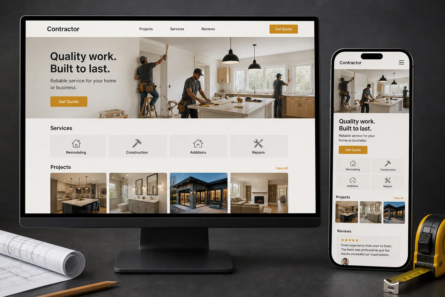 Desktop and mobile mockup for a contractor website.