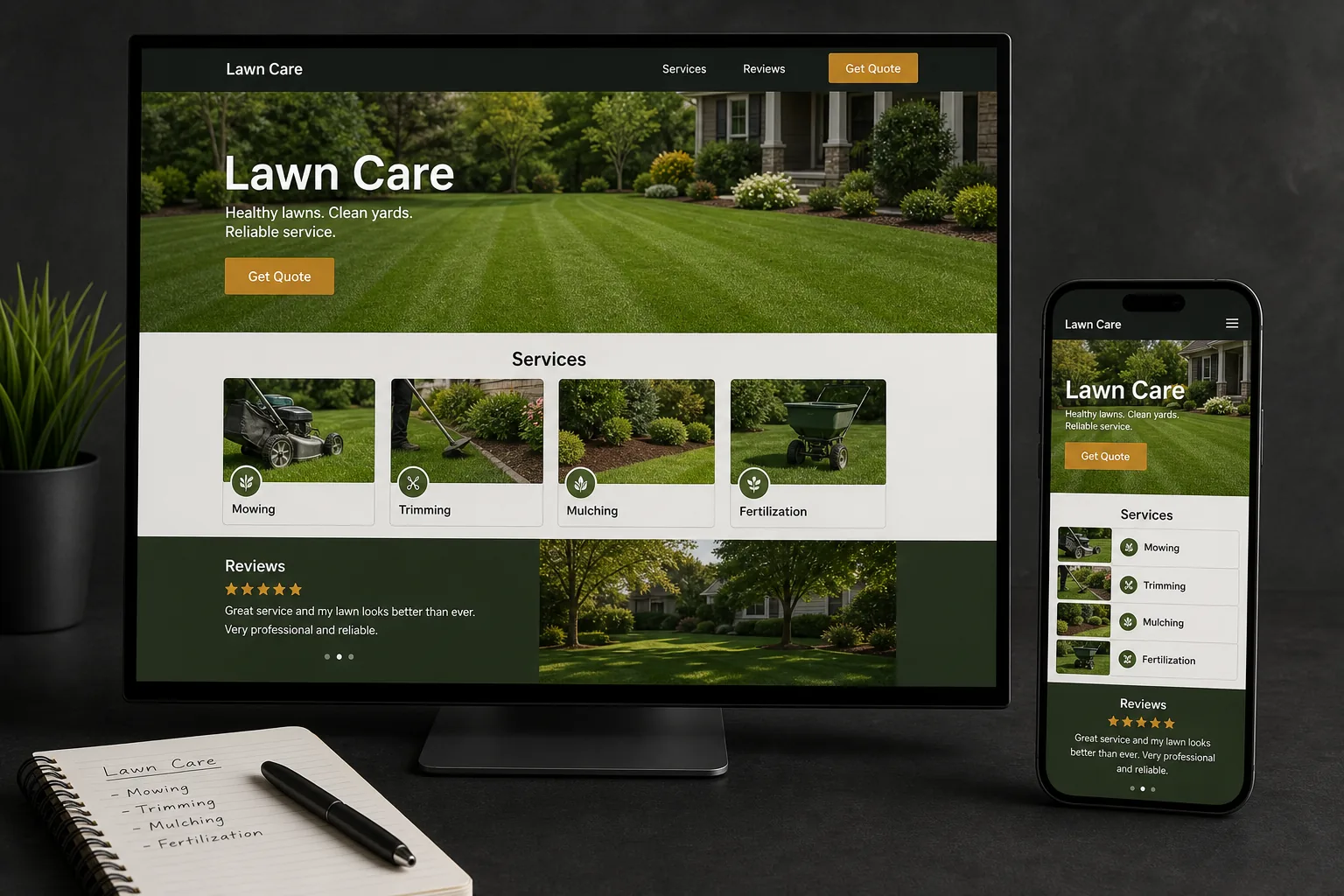 Desktop and mobile mockup for a lawn care website.