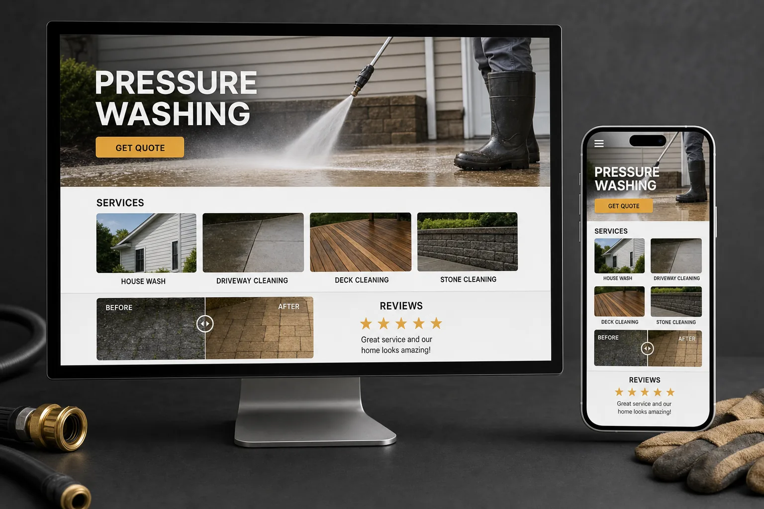 Desktop and mobile mockup for a pressure washing website.