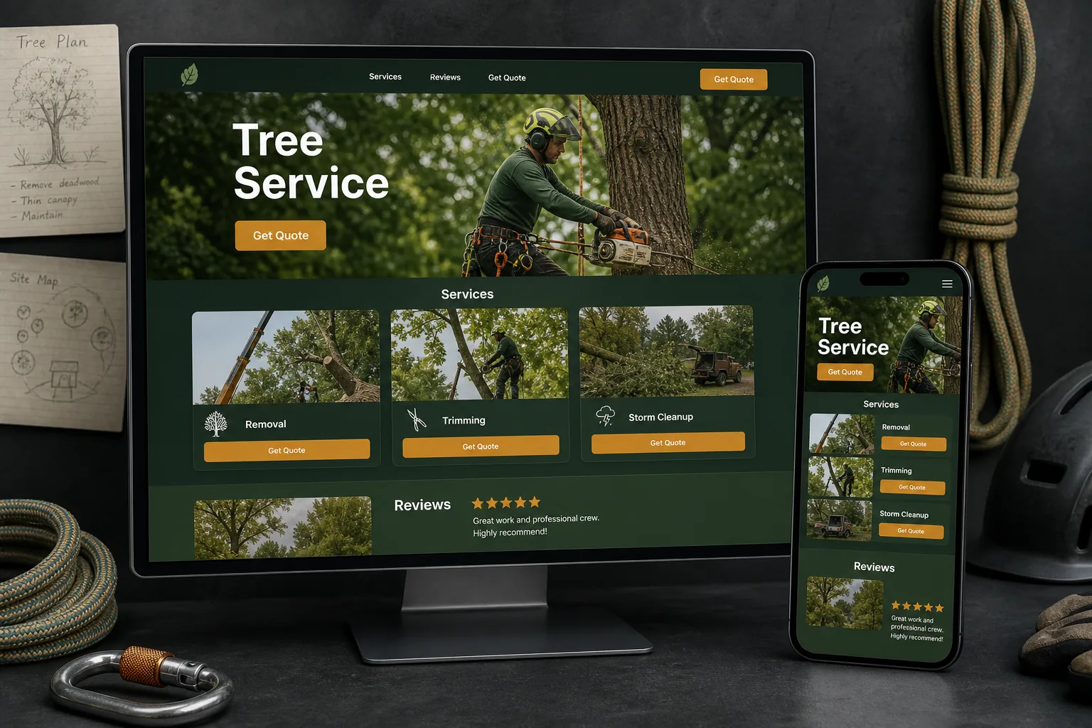 Desktop and mobile mockup for a tree service website.