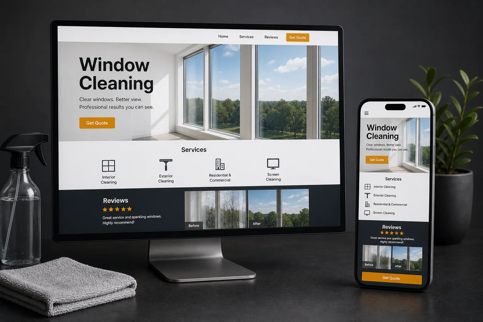 Desktop and mobile mockup for a window cleaning website.