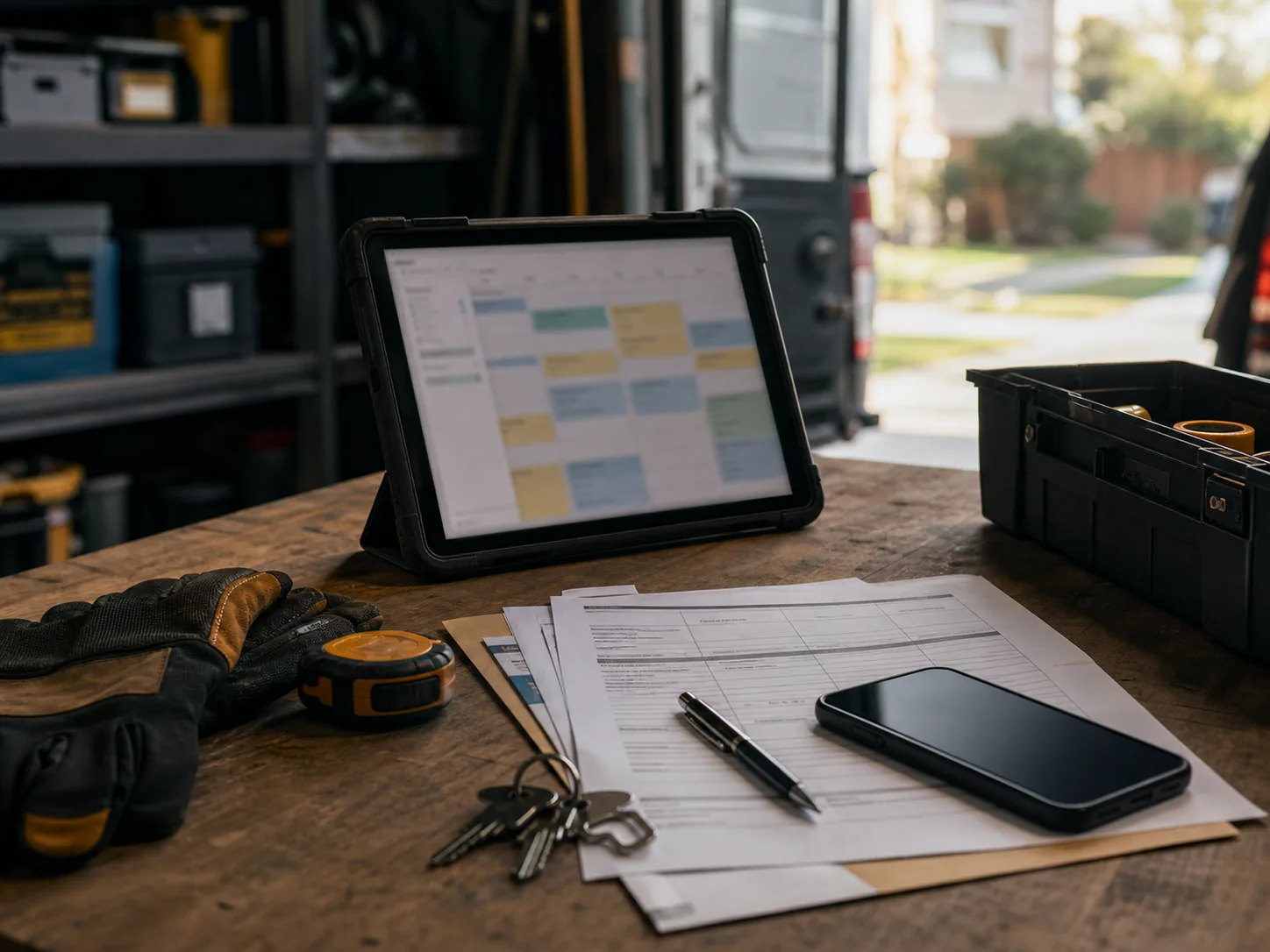 A service job handoff table with a rugged tablet, paperwork, tools, and phone.