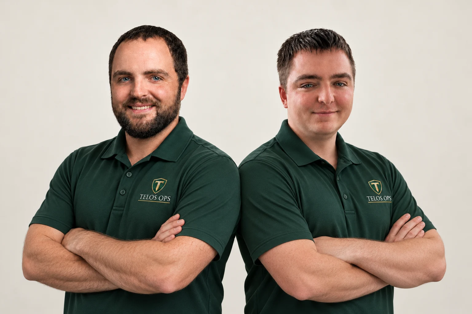 Dalton Lynn and Billy Lynn, founders of Telos Ops, in green company polos