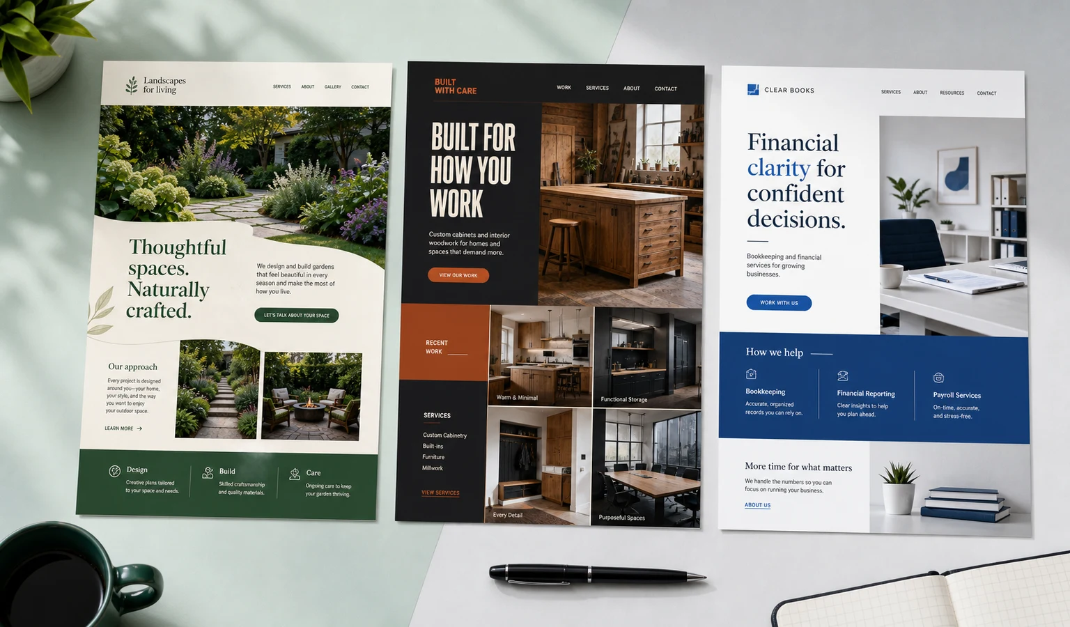 Three distinct website concepts for landscaping, contracting, and professional service businesses arranged on a studio worktable.