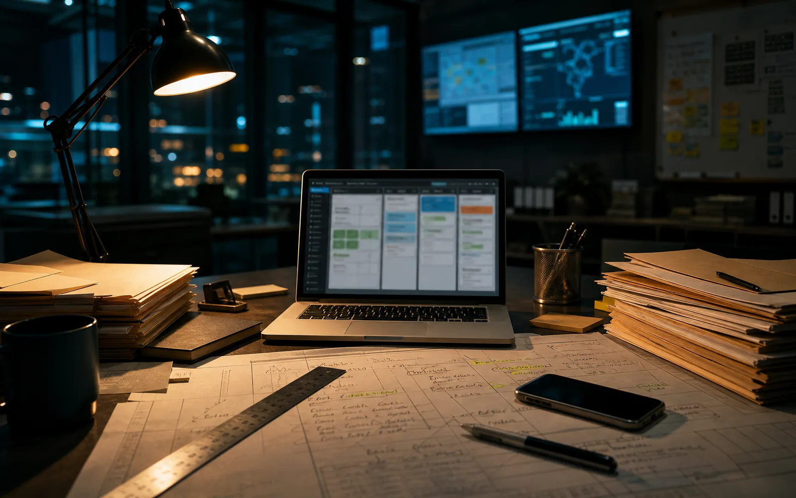 A focused operations desk with workflow boards, job folders, and planning notes.