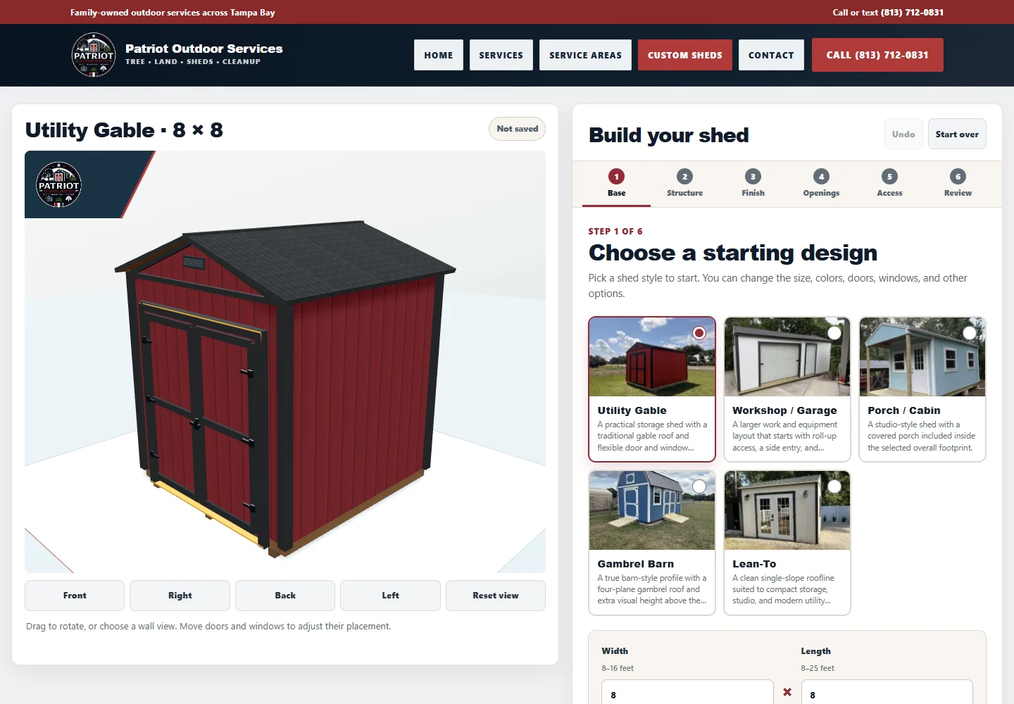 Patriot Outdoor Services' 3D shed builder showing a shed preview, base designs, and size controls