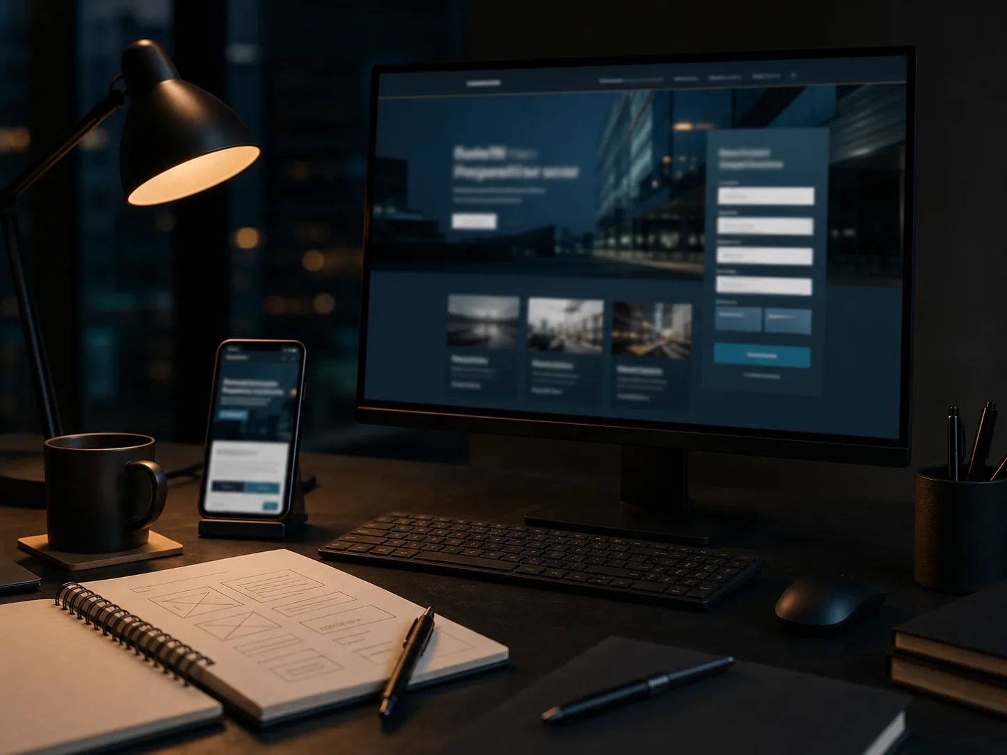 A desktop and phone showing blurred website layouts beside planning sketches.